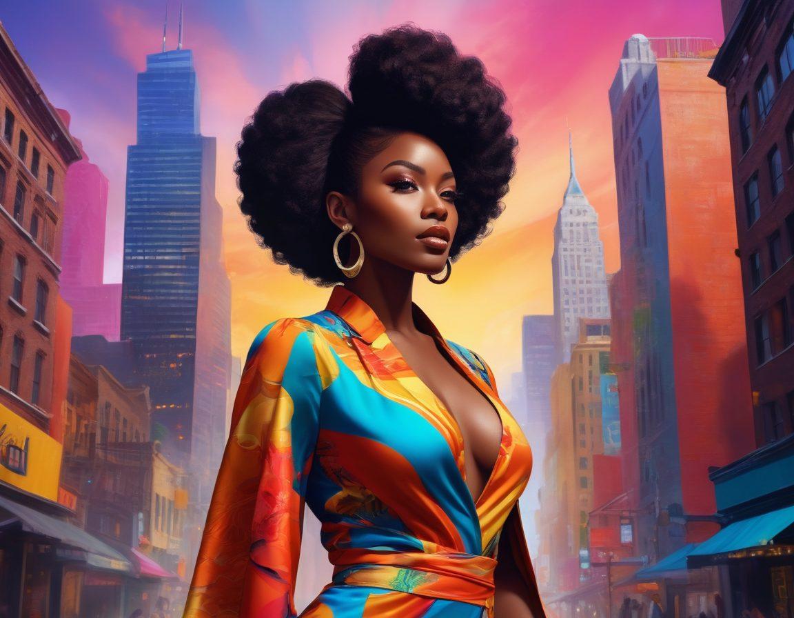 A strong, confident Black female figure stands tall amidst a vibrant city backdrop, symbolizing empowerment and pleasure. She's adorned in stylish, elegant attire with bold colors that pop, surrounded by a swirl of abstract patterns representing freedom and transformation. The scene should radiate positivity and strength, showcasing an empowered atmosphere in adult entertainment. super-realistic. vibrant colors. dynamic composition.