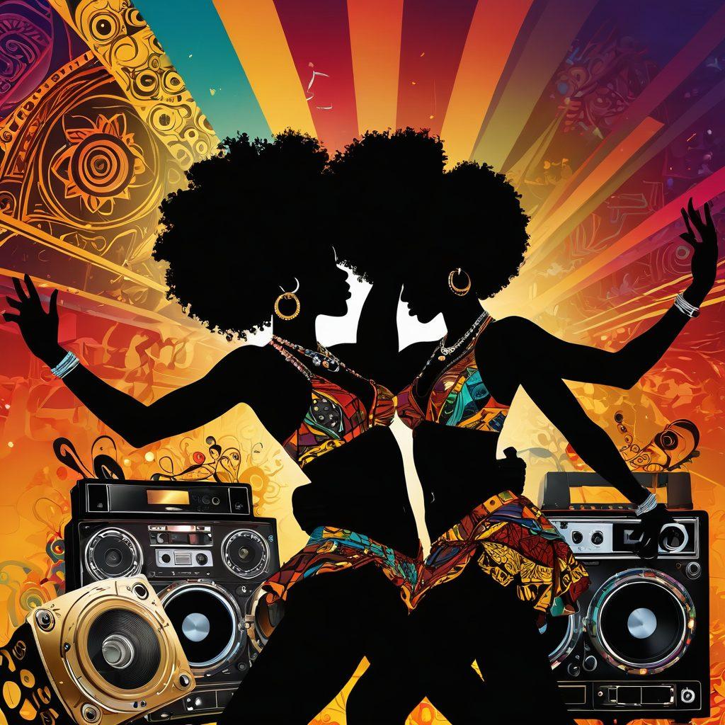 A sultry and vibrant collage of Afrocentric erotica elements, incorporating rich colors and intricate patterns. Include a silhouette of a couple passionately dancing, surrounded by streaming devices and movie reels, symbolizing the fusion of intimacy and entertainment. Add splashes of cultural motifs and expressive artistry to evoke a sense of joy and exploration. vivid colors. digital art. contemporary style.