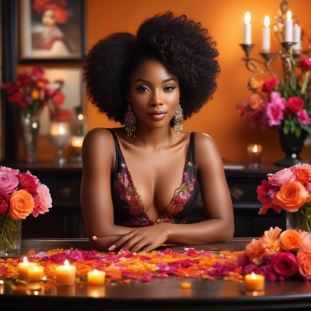 A vibrant celebration of ebony beauty, showcasing a confident, radiant woman in an elegant setting, surrounded by symbols of joy and pleasure such as colorful flowers, soft lighting, and whimsical decor. The scene should convey empowerment, positivity, and allure, capturing the essence of adult entertainment in an artistic manner. Use rich, warm colors to enhance the ambiance. super-realistic. vibrant colors. soft-focus background.